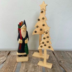 Rustic Christmas Decor- Santa + Trees  (Lot of 3)